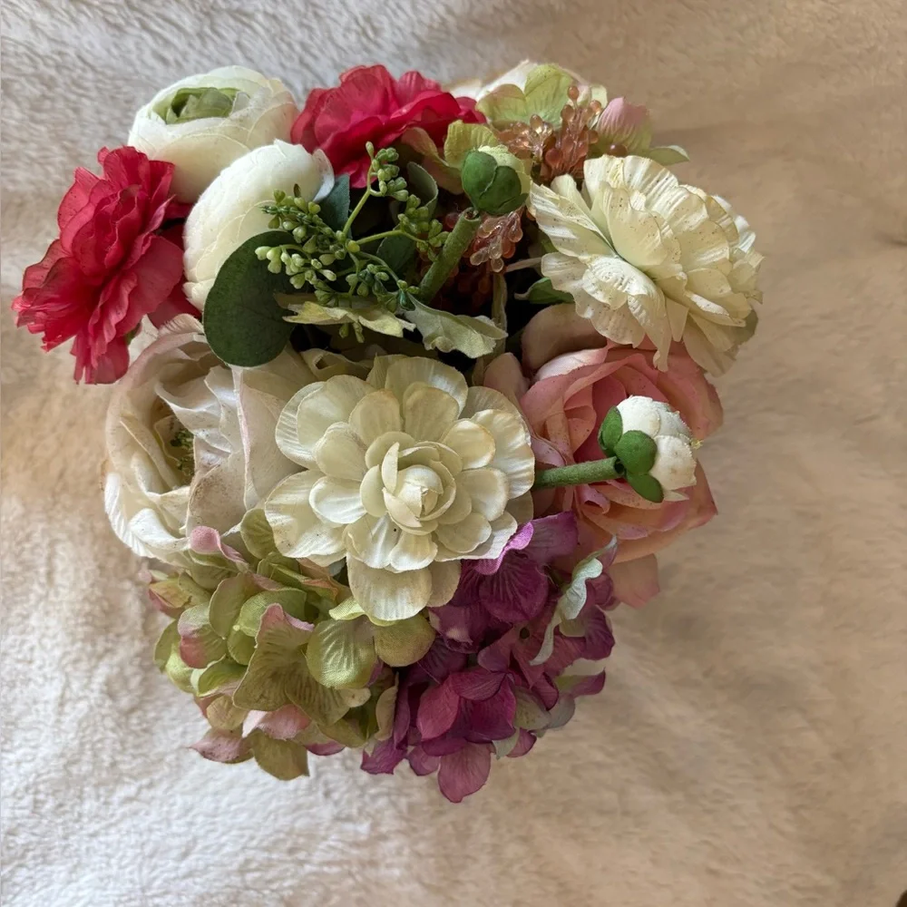 Artificial Floral Arrangement in Black Planter Ranunculus Hydrangeas Roses